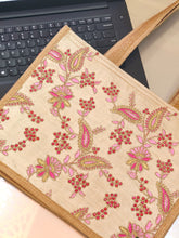 Aaliya (عالیہ) Embroidered Jute Tote Bag – Pink & Gold Floral Designer Tote for Women