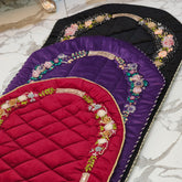 Velvet Prayer Mat Set with Hand-Embroidered Ribbon Flowers – Includes Qur’an & Beads Pouch
