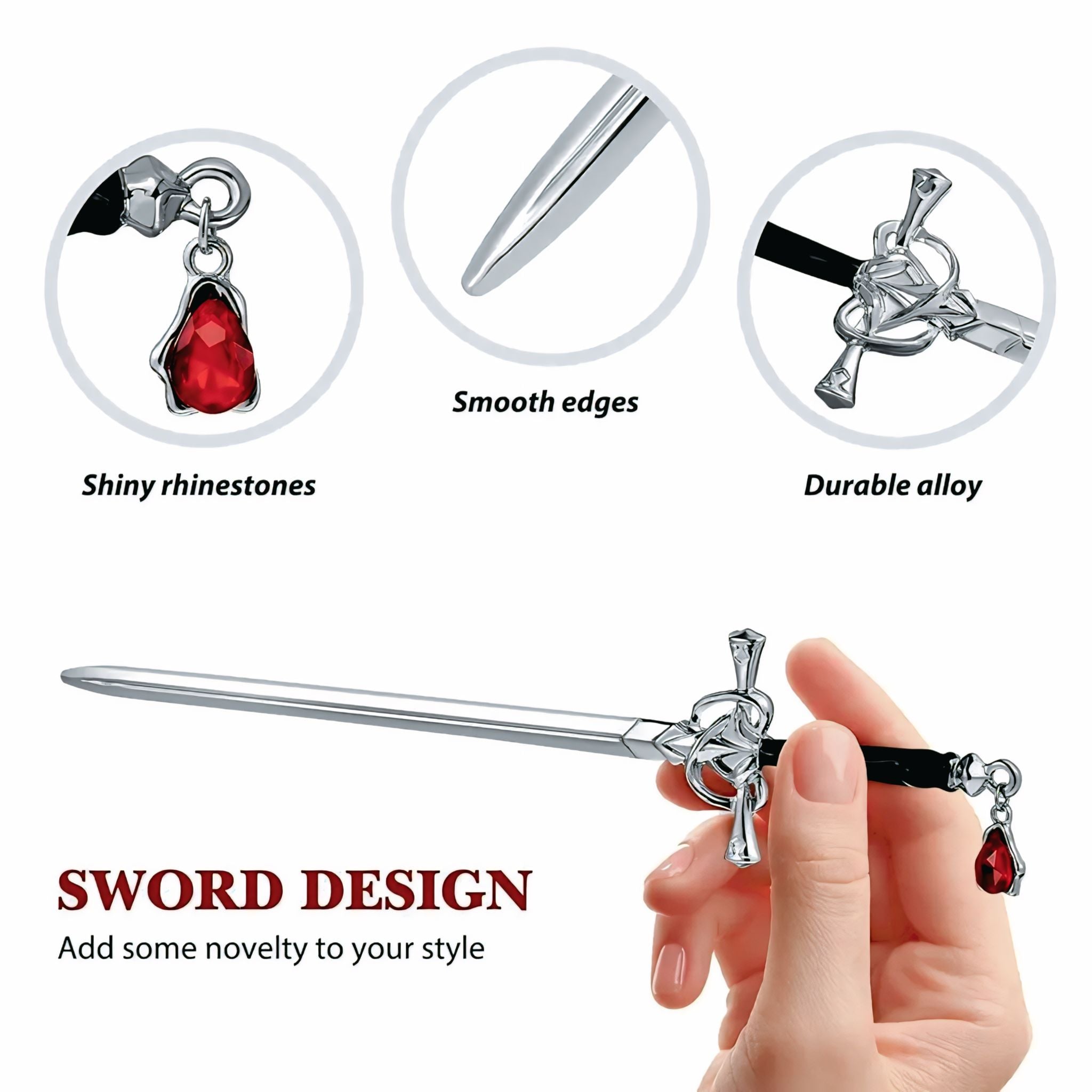 Sword Style Hairpin with Red Crystal Charm – Novelty Hair Accessory for Women