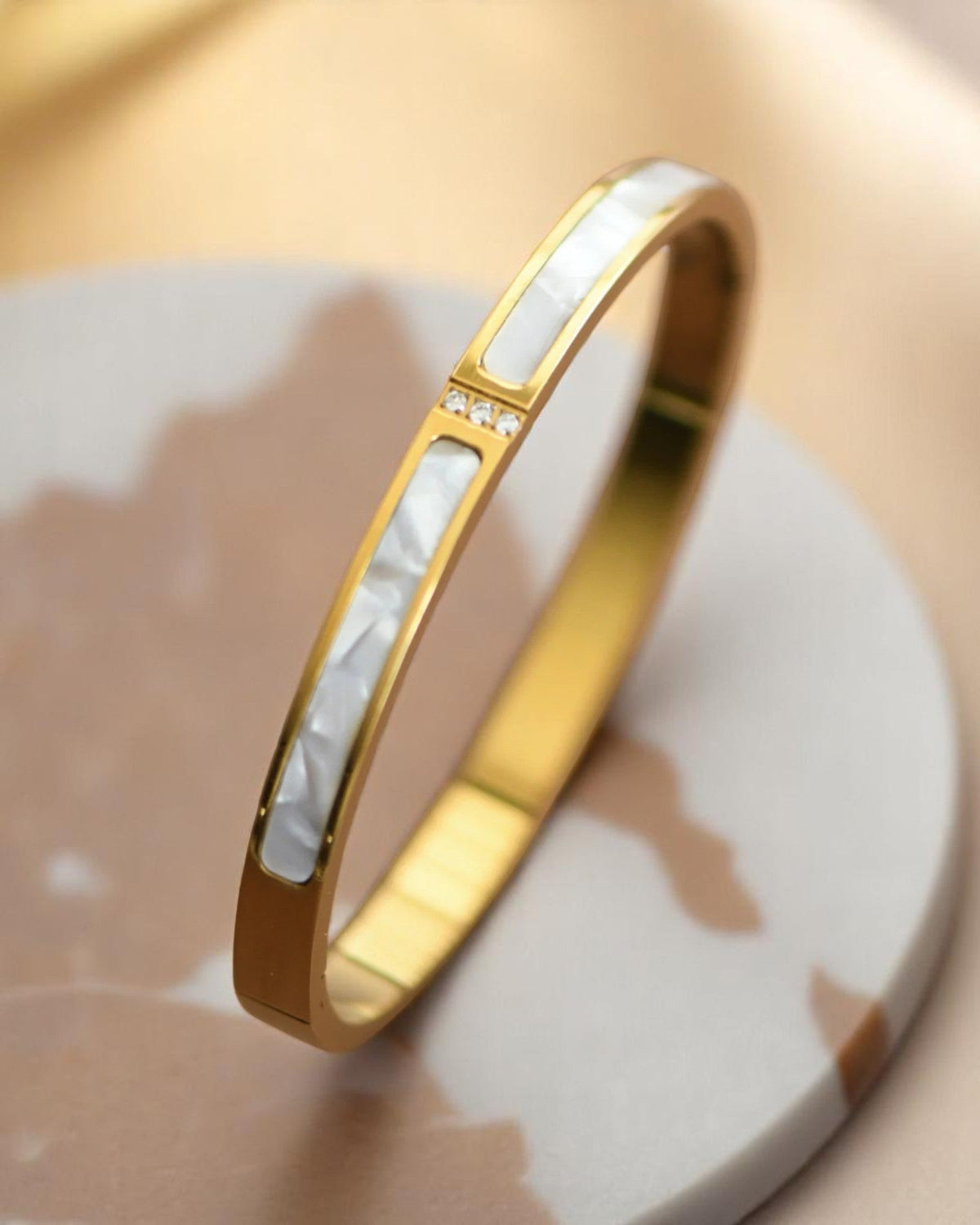 Mother of Pearl & Rhinestone Bangle Bracelet | Elegant Stainless Steel Jewelry for Women