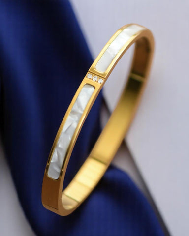 Mother of Pearl & Rhinestone Bangle Bracelet | Elegant Stainless Steel Jewelry for Women