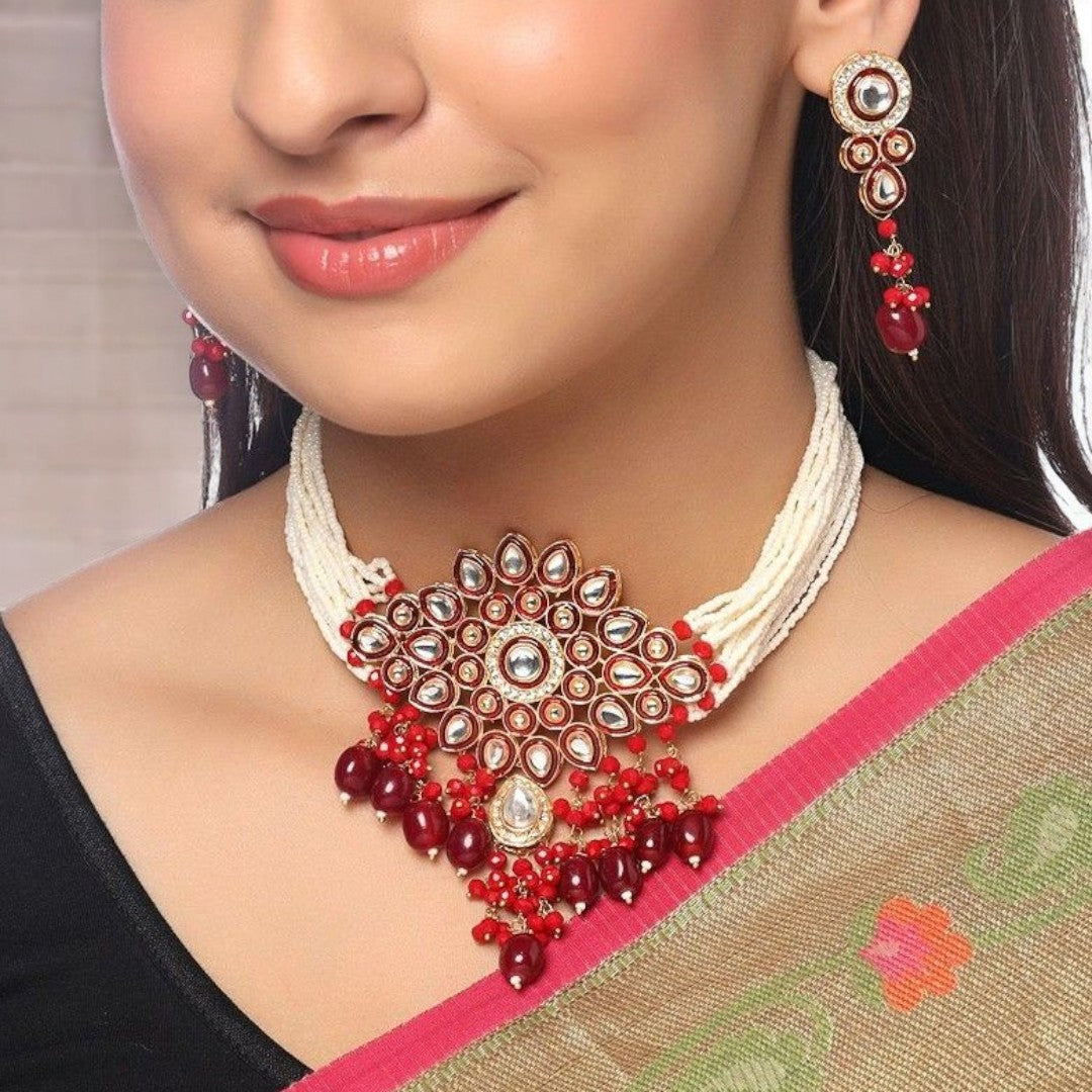 Regal Ruby & Pearl Kundan Bridal/Festive Jewelry Set