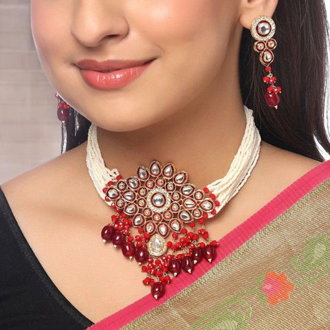 Regal Ruby & Pearl Kundan Bridal/Festive Jewelry Set