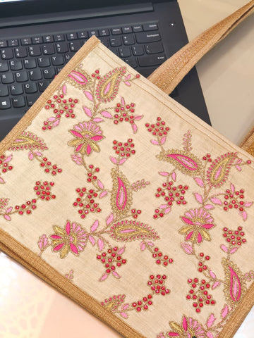 Aaliya (عالیہ) Embroidered Jute Tote Bag – Pink & Gold Floral Designer Tote for Women