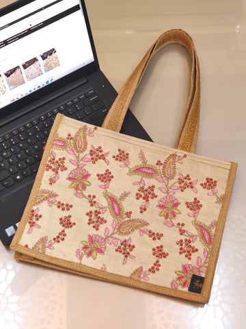 Aaliya (عالیہ) Embroidered Jute Tote Bag – Pink & Gold Floral Designer Tote for Women