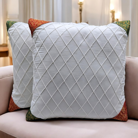 Diamond Weave Cushion Covers with Banarasi Corners - Off White  (Set Of 2)