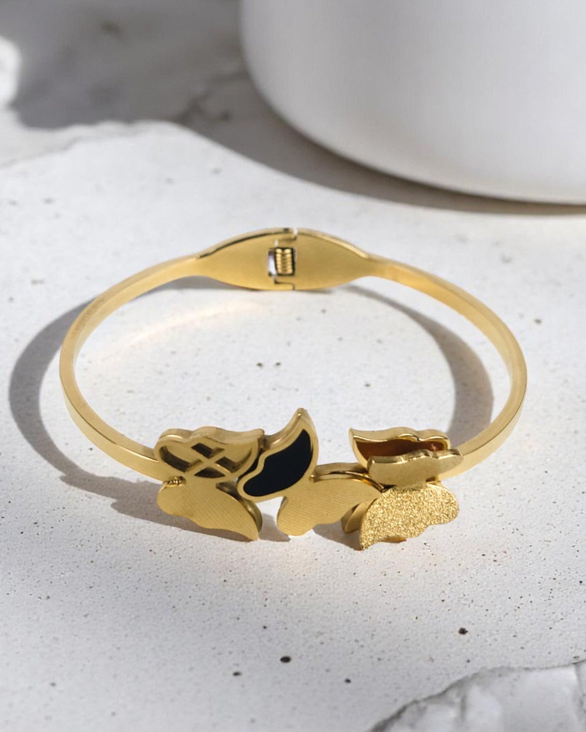 Golden Butterfly Charm Bangle – Gold Tone Stainless Steel Bracelet for Women