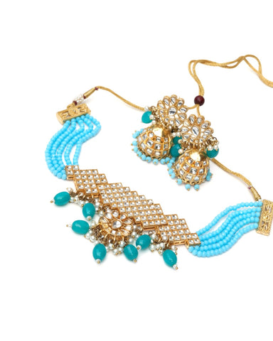 Nazneen Royal Choker & Jhumka Set – Royal Blue & Berylline Kundan Jewelry