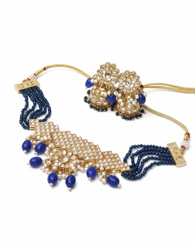 Nazneen Royal Choker & Jhumka Set – Royal Blue & Berylline Kundan Jewelry
