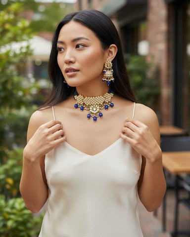 Nazneen Royal Choker & Jhumka Set – Royal Blue & Berylline Kundan Jewelry