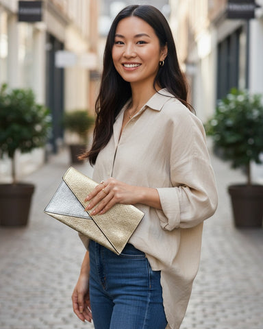 Vintage Metallic Gold & Silver Clutch – Asymmetrical Evening Purse