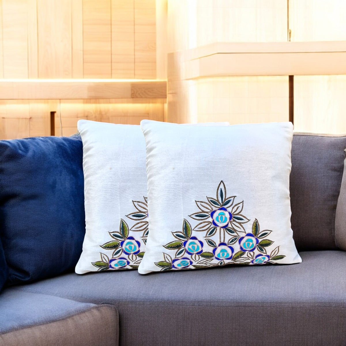 Embroidered Bloom Cushion Covers (Set of 2)