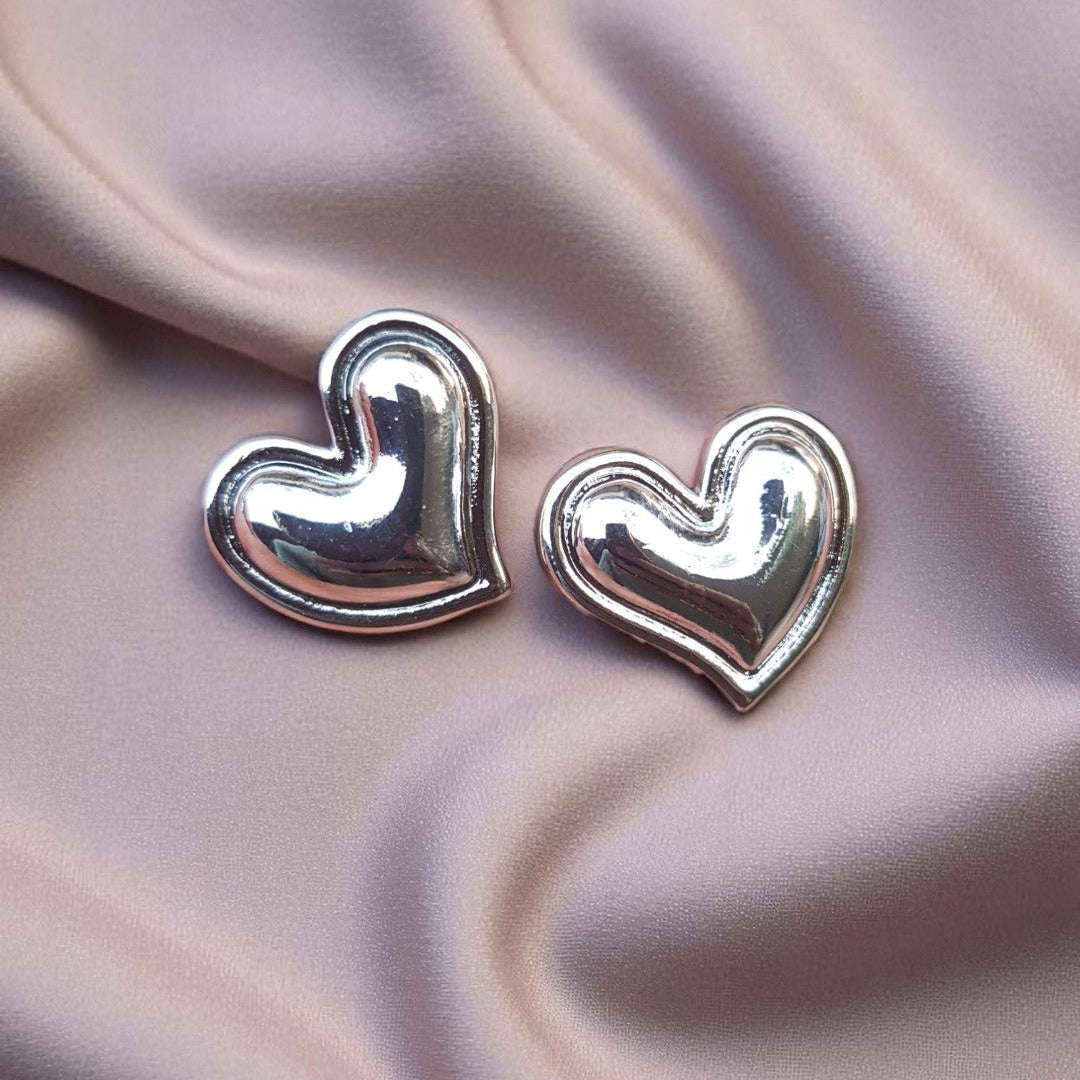 Mirror Shine Puffy Heart Studs – Silver & Gold Edition