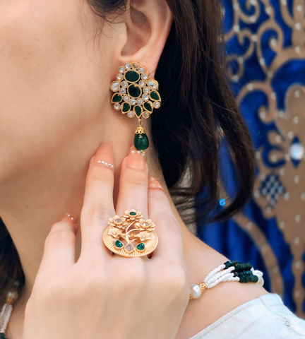 Zaara Emerald Green & White Kundan Moti Maala Set | Pakistani Jewelry