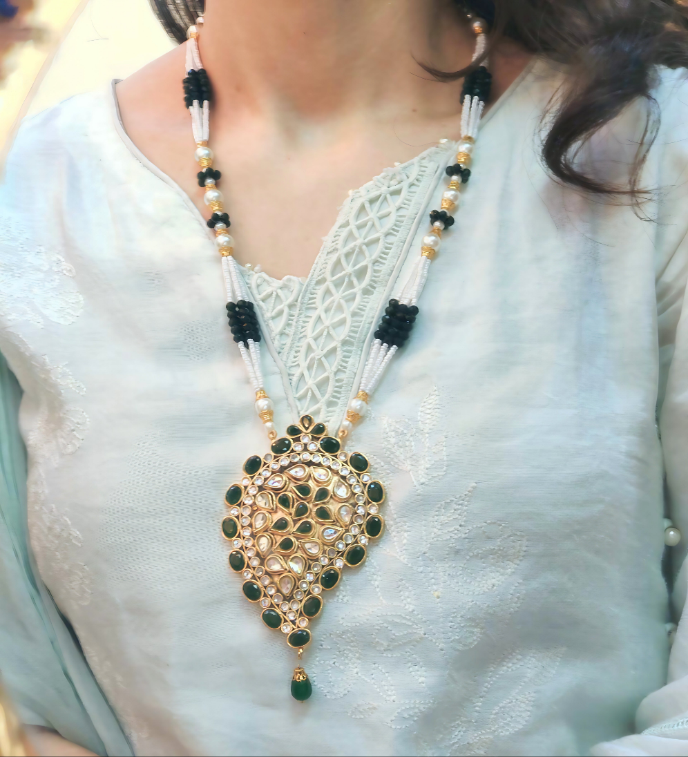 Zaara Emerald Green & White Kundan Moti Maala Set | Pakistani Jewelry
