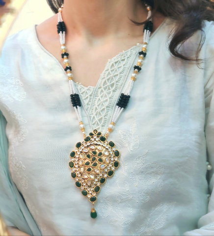 Zaara Emerald Green & White Kundan Moti Maala Set | Pakistani Jewelry