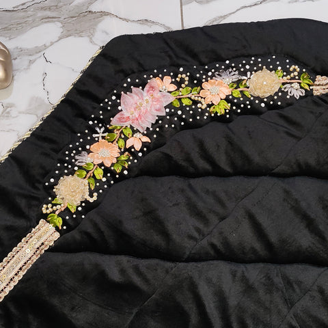 Velvet Prayer Mat Set with Hand-Embroidered Ribbon Flowers – Includes Qur’an & Beads Pouch