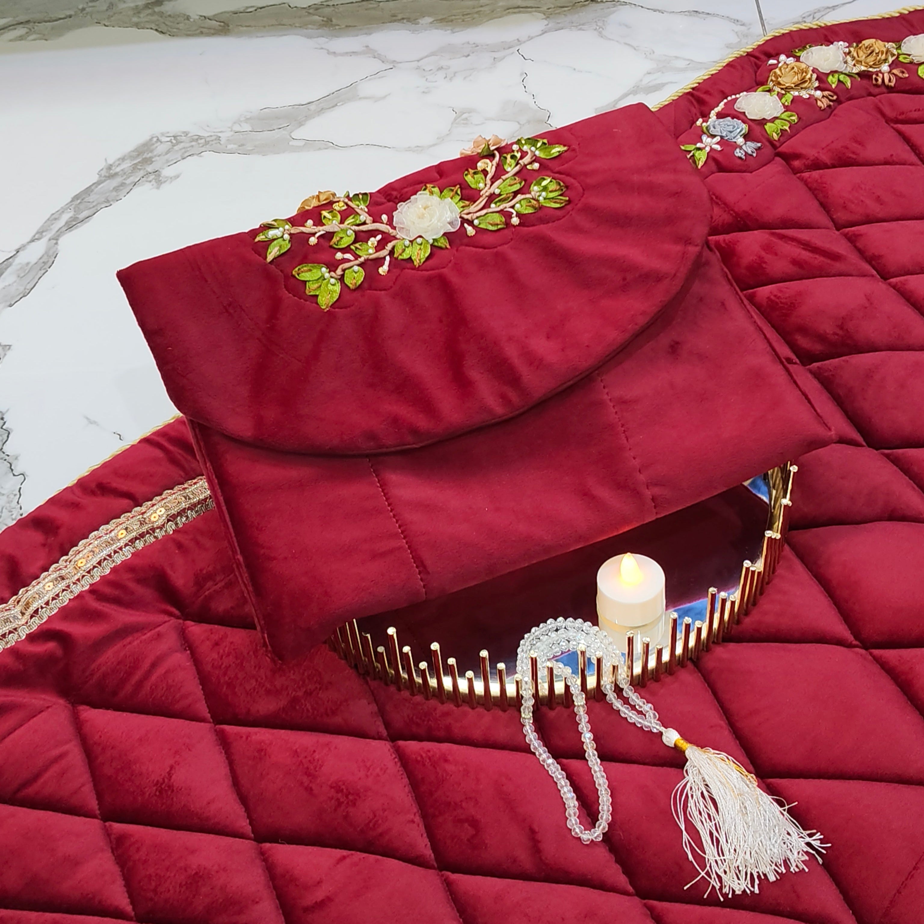 Velvet Prayer Mat Set with Hand-Embroidered Ribbon Flowers – Includes Qur’an & Beads Pouch