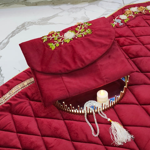 Velvet Prayer Mat Set with Hand-Embroidered Ribbon Flowers – Includes Qur’an & Beads Pouch
