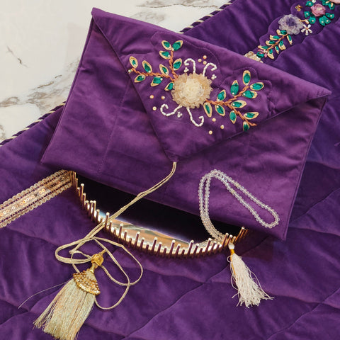 Velvet Prayer Mat Set with Hand-Embroidered Ribbon Flowers – Includes Qur’an & Beads Pouch