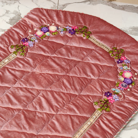 Velvet Prayer Mat Set with Hand-Embroidered Ribbon Flowers – Includes Qur’an & Beads Pouch