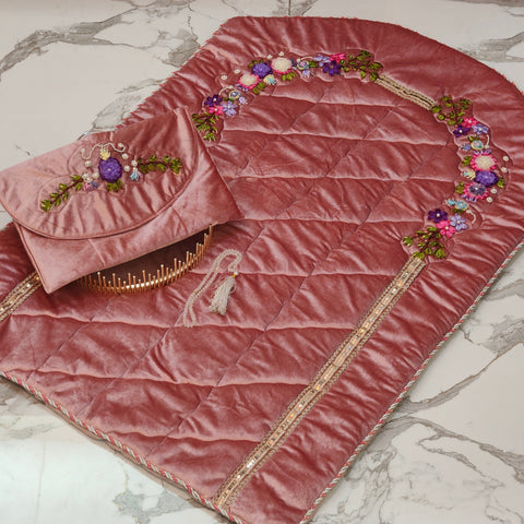 Velvet Prayer Mat Set with Hand-Embroidered Ribbon Flowers – Includes Qur’an & Beads Pouch