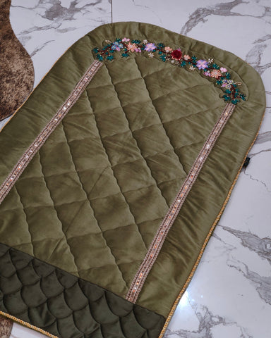 Pistachio Velvet Prayer Mat Set with Hand-Embroidered Ribbon Flowers