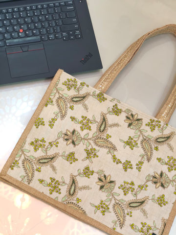 Khirad (خِرد)  Embroidered Jute Tote Bag – Kashmiri Design Gold & Green Floral Handmade Eco-Friendly Tote for Women Pakistan