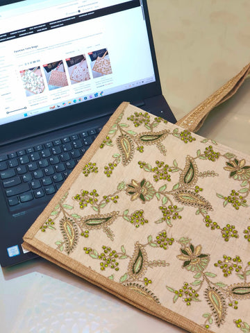 Khirad (خِرد)  Embroidered Jute Tote Bag – Kashmiri Design Gold & Green Floral Handmade Eco-Friendly Tote for Women Pakistan