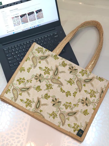 Khirad (خِرد)  Embroidered Jute Tote Bag – Kashmiri Design Gold & Green Floral Handmade Eco-Friendly Tote for Women Pakistan