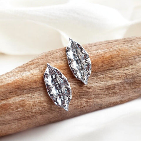 Crinkle Leaf Drop Earrings – Silver Shine Statement