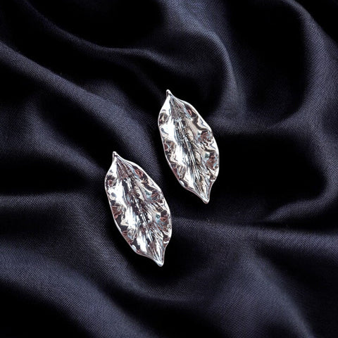Crinkle Leaf Drop Earrings – Silver Shine Statement