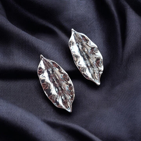 Crinkle Leaf Drop Earrings – Silver Shine Statement