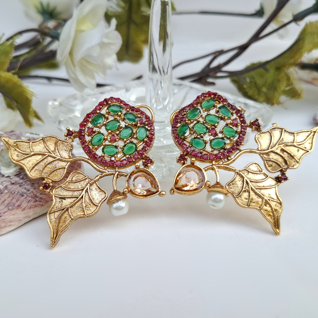 Glamour Leaf Earrings (Red Multi) – Nature-Inspired Elegance