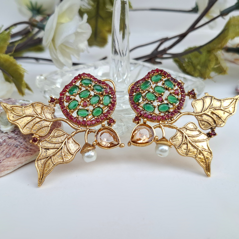 Glamour Leaf Earrings (Red Multi) – Nature-Inspired Elegance
