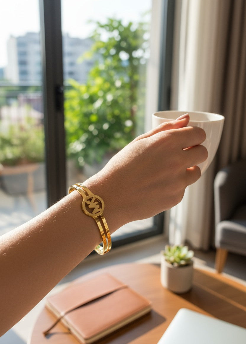 Luxe MK Style Stainless Steel Bangle – Elegant Gold-Tone Bracelet for Women