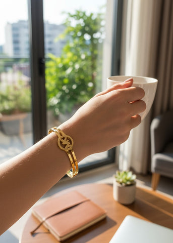 Luxe MK Charm Jewelry Set – Stainless Steel Bracelet, Pendant & Earrings