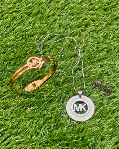 Luxe MK Charm Jewelry Set – Stainless Steel Bracelet, Pendant & Earrings
