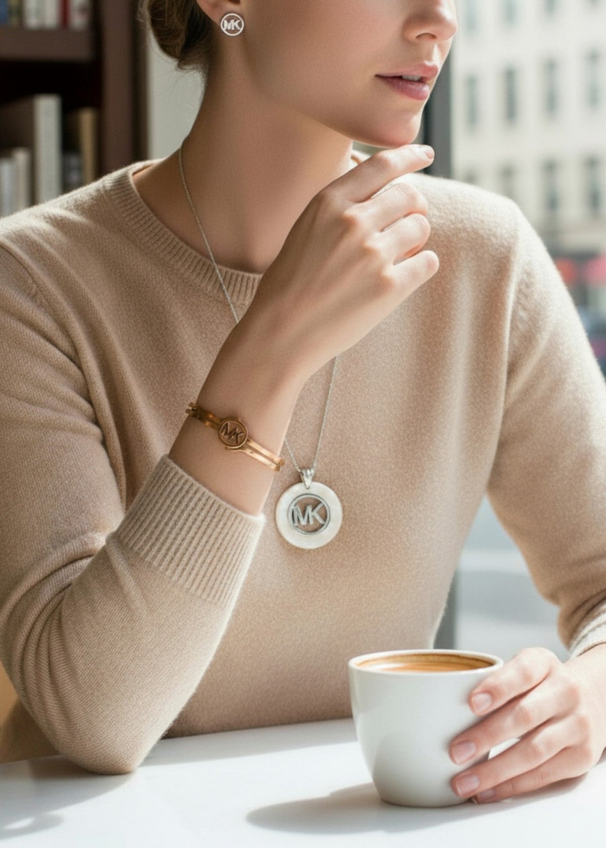 Luxe MK Charm Jewelry Set – Stainless Steel Bracelet, Pendant & Earrings