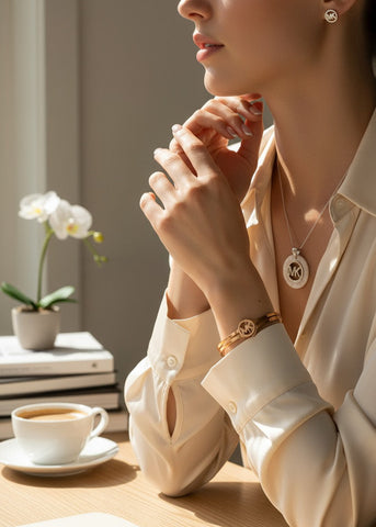 Luxe MK Charm Jewelry Set – Stainless Steel Bracelet, Pendant & Earrings