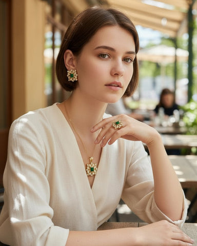 Nooré Zümrüt Kundan Set – Emerald Green Pendant, Earrings &amp; Ring