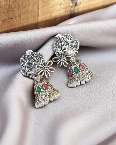 Oxidized Peacock Meenakari Jhumka