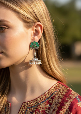 Oxidized Silver Green Stone Pearl Jhumka Earrings