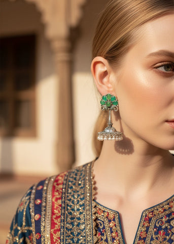 Oxidized Silver Green Stone Pearl Jhumka Earrings