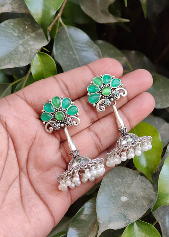 Oxidized Silver Green Stone Pearl Jhumka Earrings