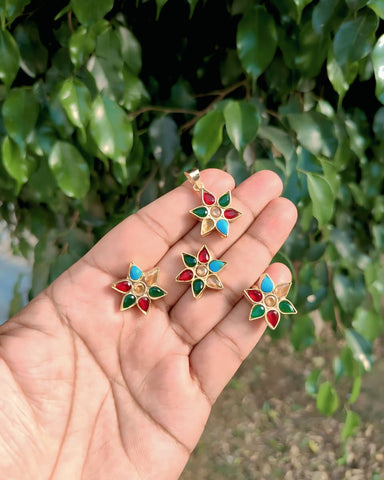 Phoolkari Multicolor Stone Jewelry Set – Floral Earrings, Pendant & Ring