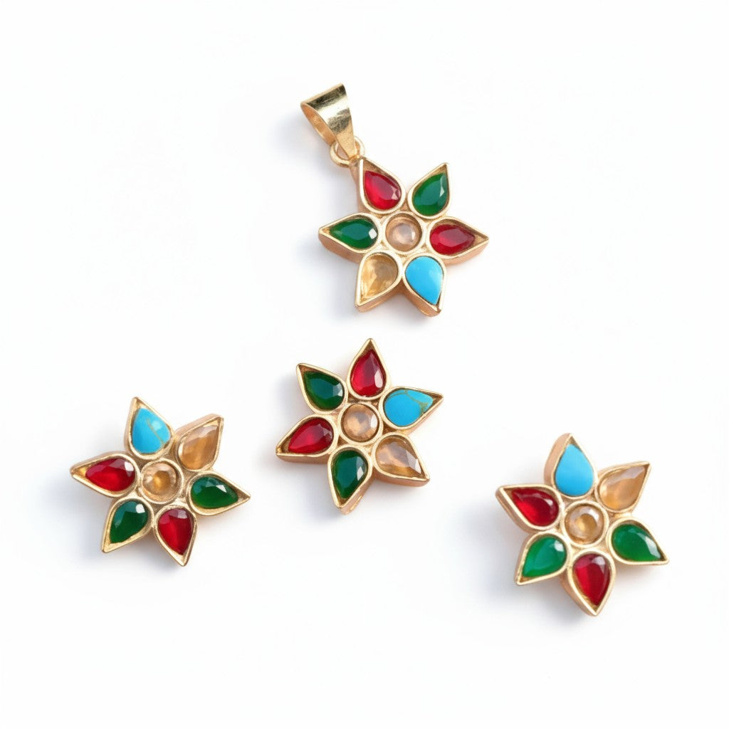 Phoolkari Multicolor Stone Jewelry Set – Floral Earrings, Pendant & Ring