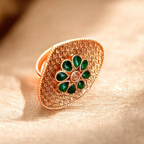 Royal Rajwadi Green Stone Ring – Antique Gold Finish