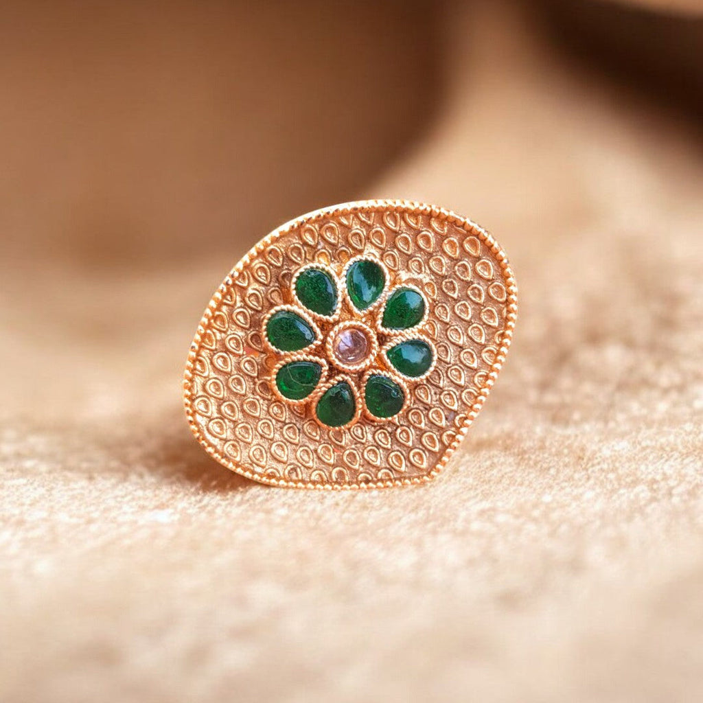 Royal Rajwadi Green Stone Ring – Antique Gold Finish – Marjan