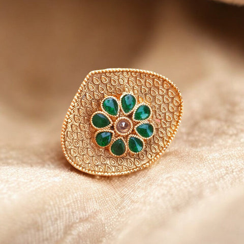 Royal Rajwadi Green Stone Ring – Antique Gold Finish